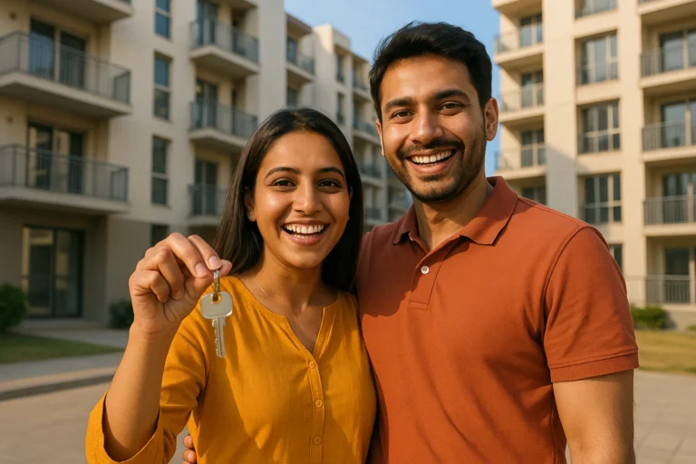 First-time home buyers holding keys outside a modern flat in Delhi