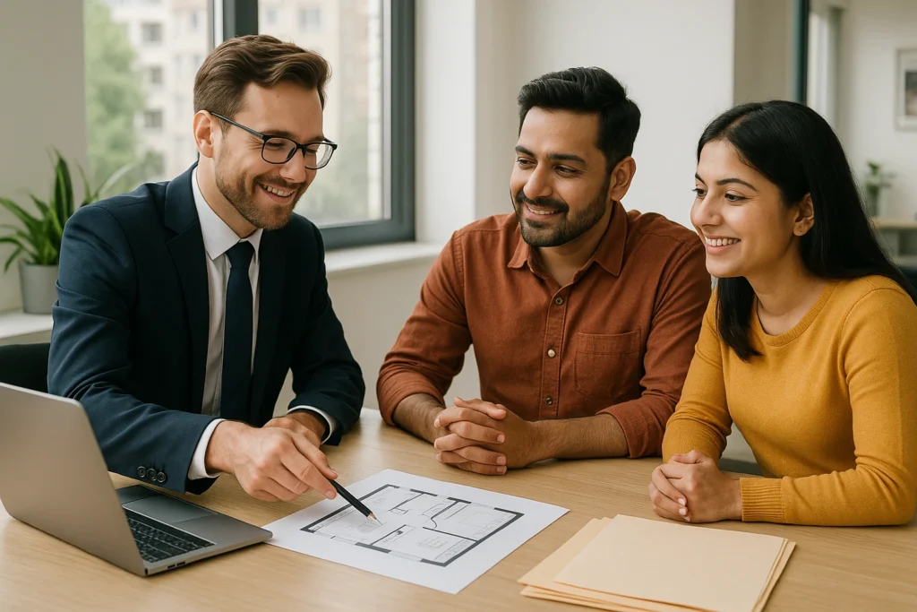 Real estate agent consulting with clients about buying flats in Delhi
