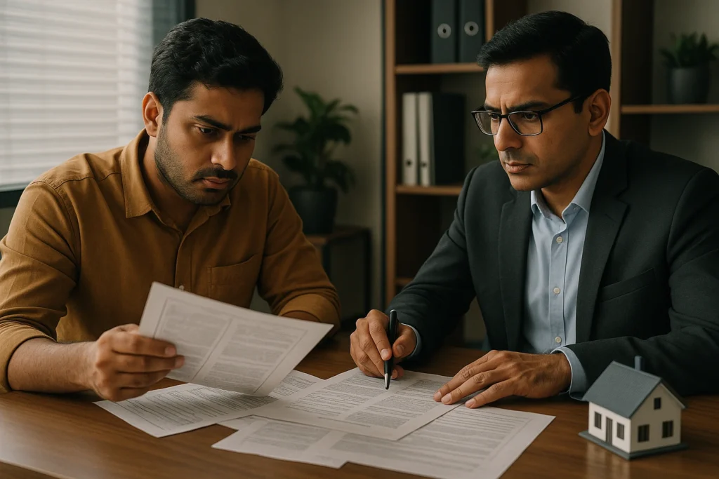 Home buyer in Delhi checking property documents with real estate agent